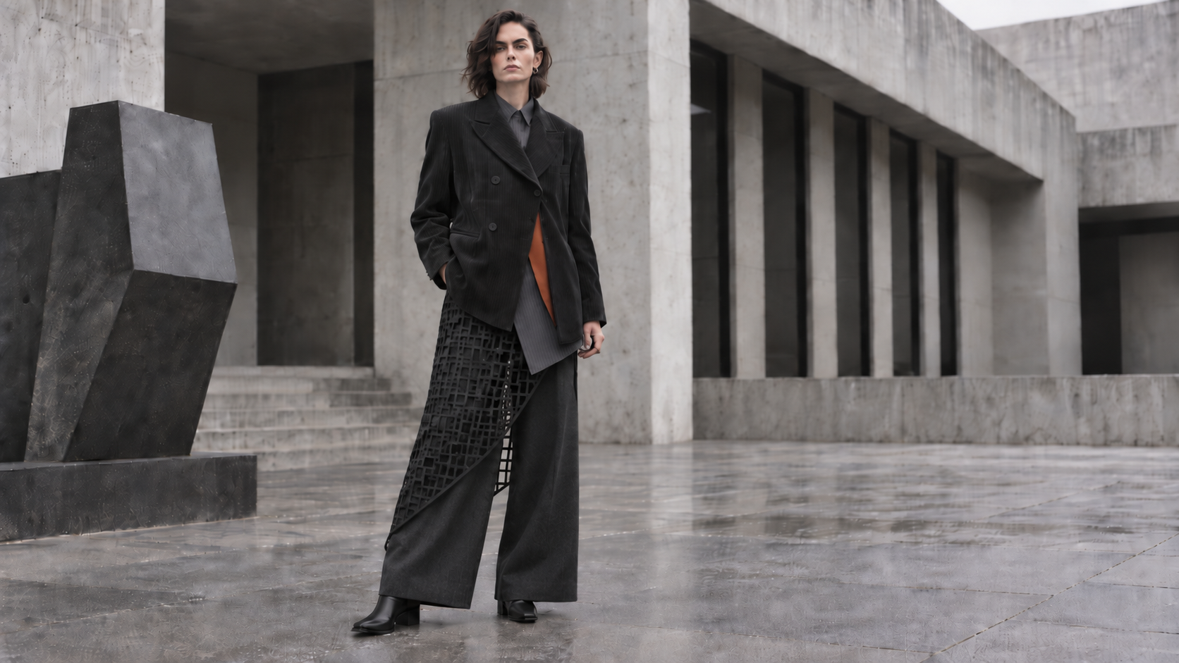 Controlled material variation: the Hero Look with a black geometric openwork wrap layer over the trousers.