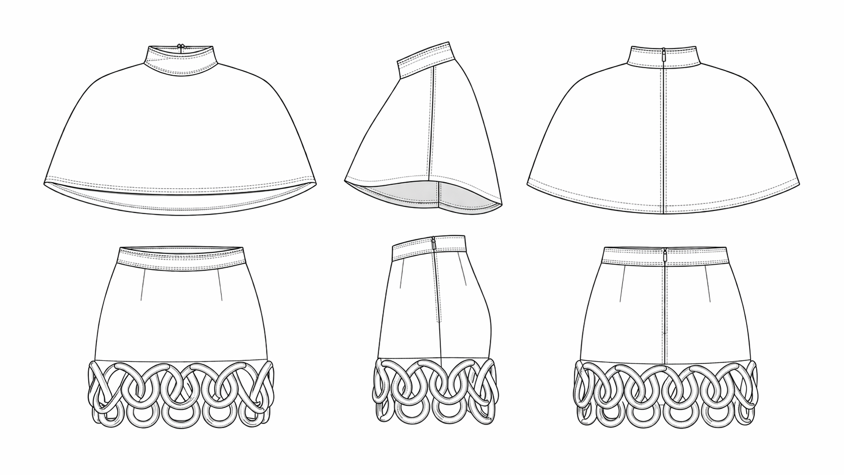 Black-and-white technical flat drawings of the cape top and looped-hem skirt.