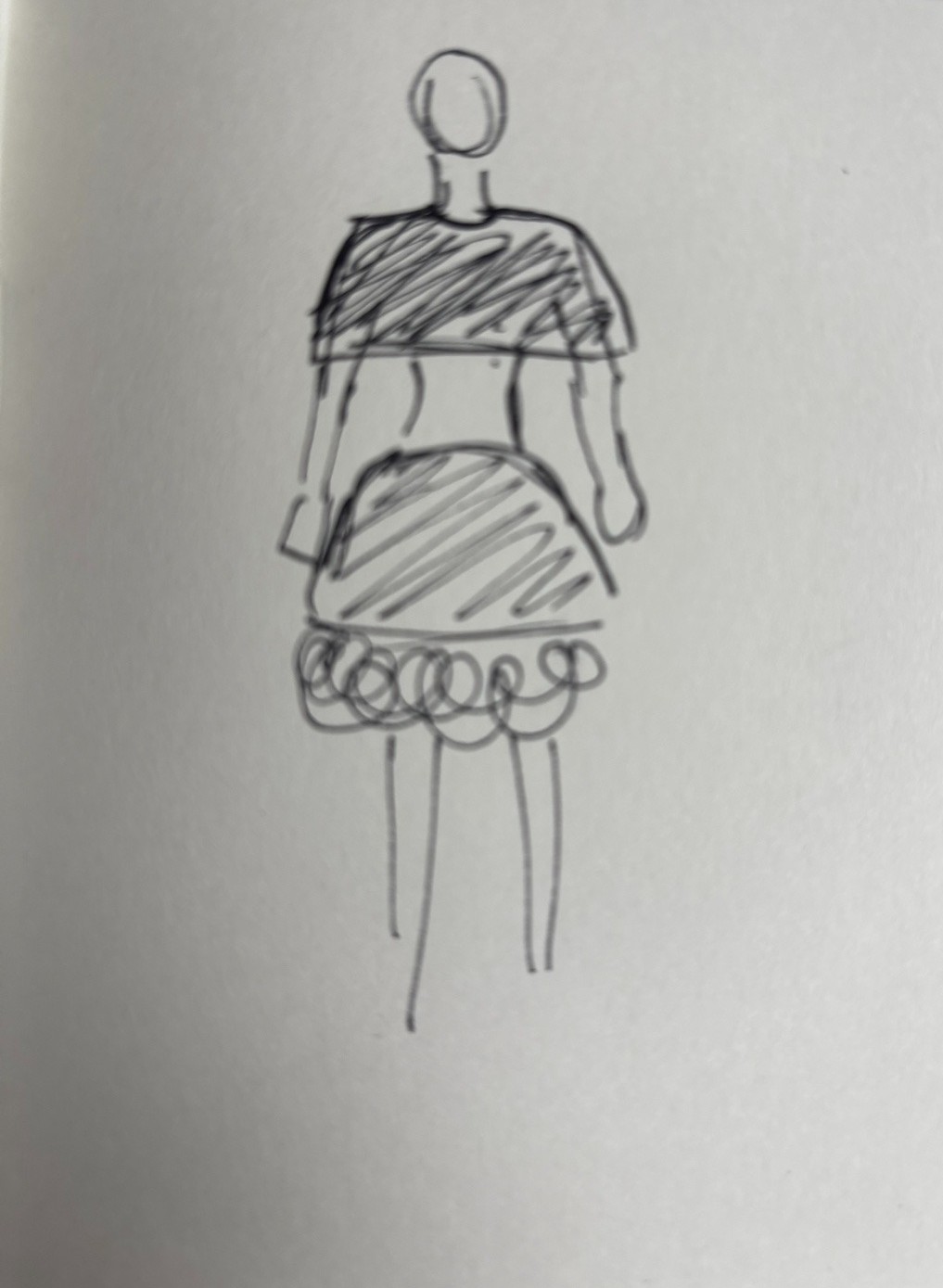 Original hand-drawn quick fashion sketch of a cape top and mini skirt.