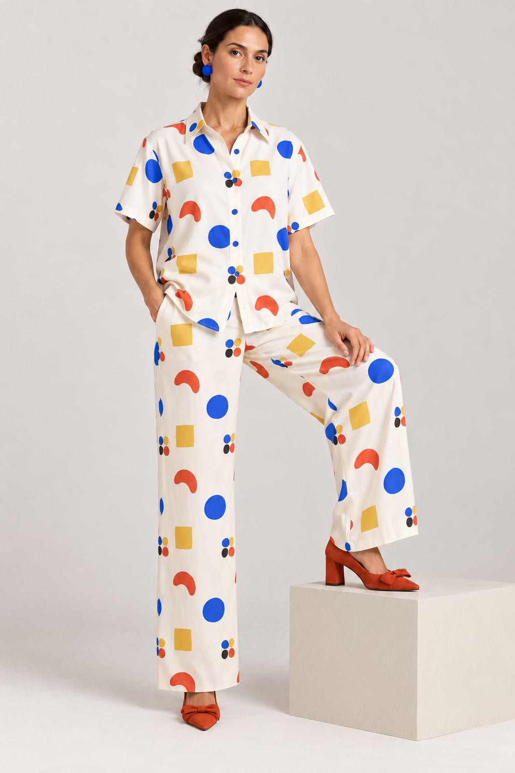 Shirt and wide-leg trouser variation carrying the CUT / REPEAT textile.