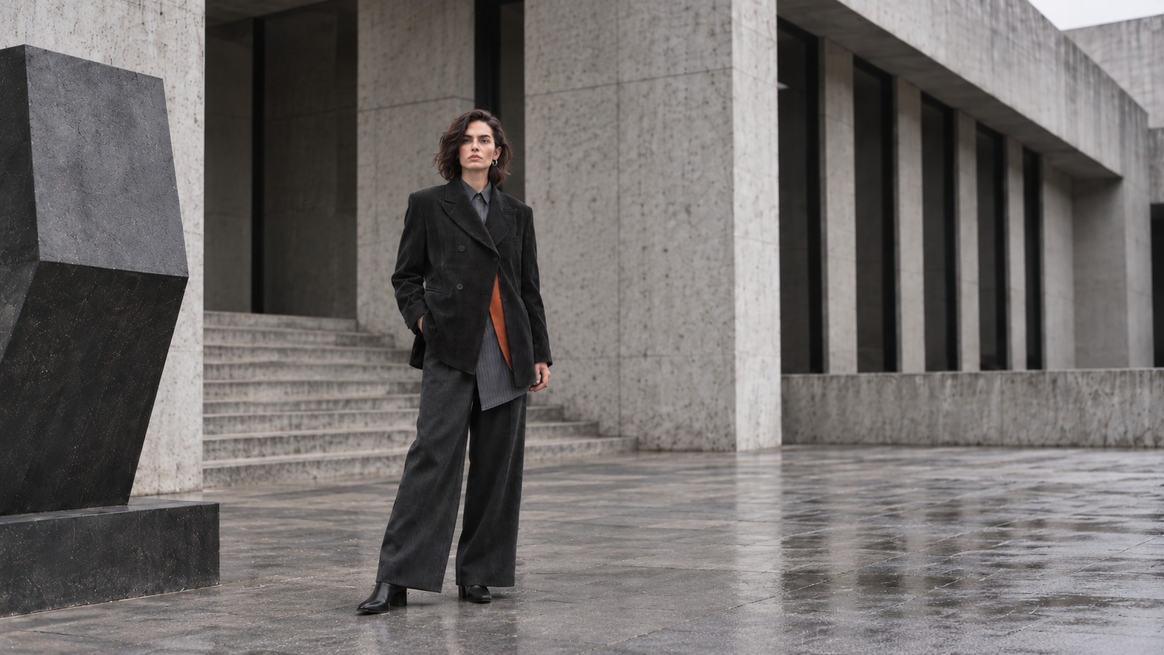 Wide architectural full-body campaign image with the model placed against concrete columns and generous negative space.