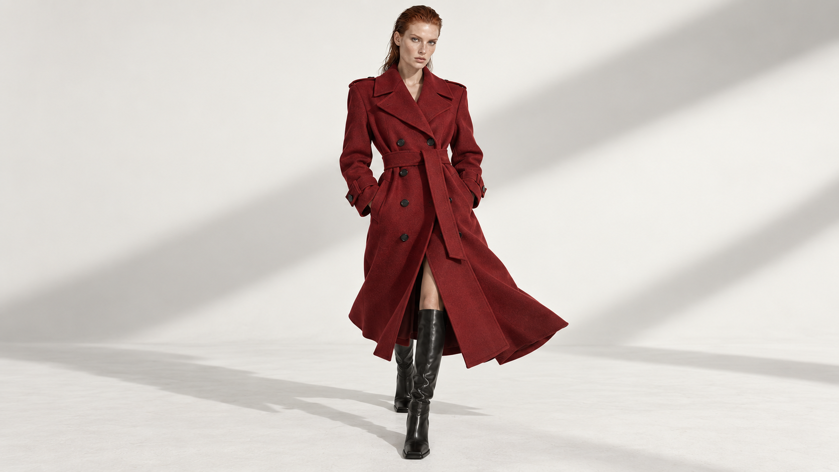 Full-length view of the model walking forward in the deep crimson tailored coat.