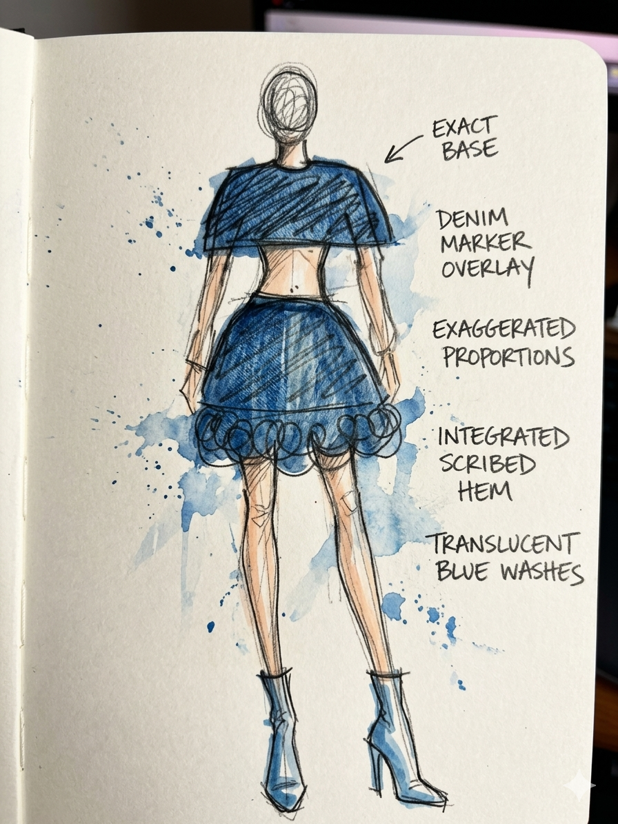 AI-assisted watercolour interpretation of the denim cape and skirt look.