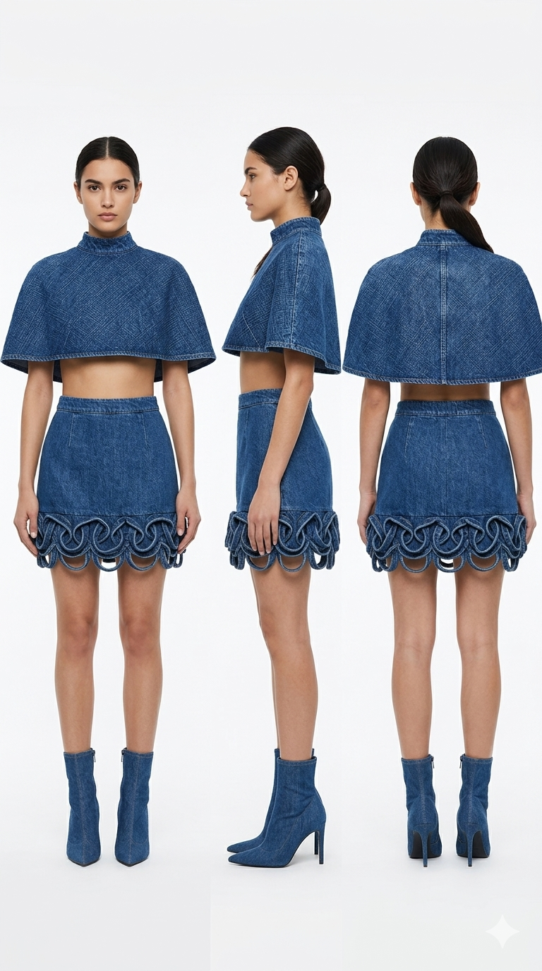 Denim cape top and looped-hem mini skirt shown from front, side and back.