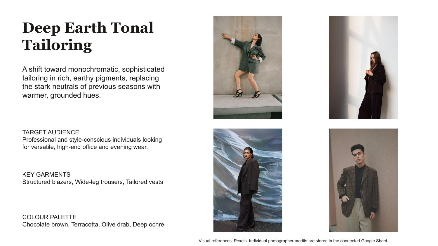 Moodboard spread for the Deep Earth Tonal Tailoring trend: monochromatic tailoring in rich, earthy pigments.