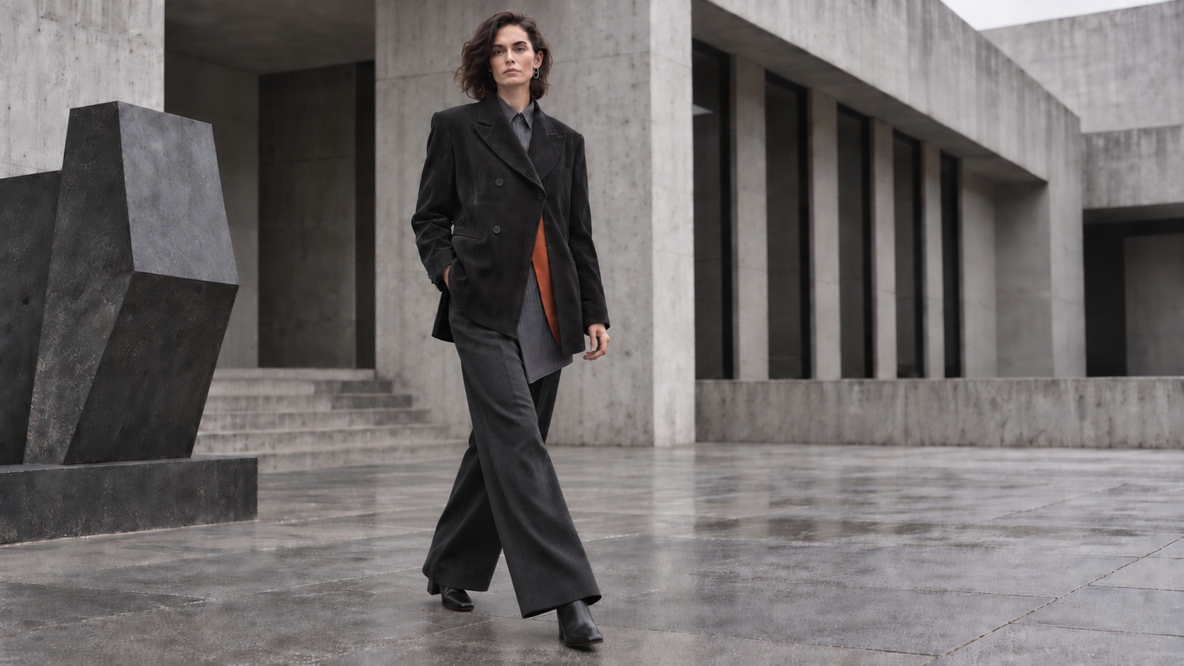 Shot 04, controlled movement: the model walking through the concrete courtyard.