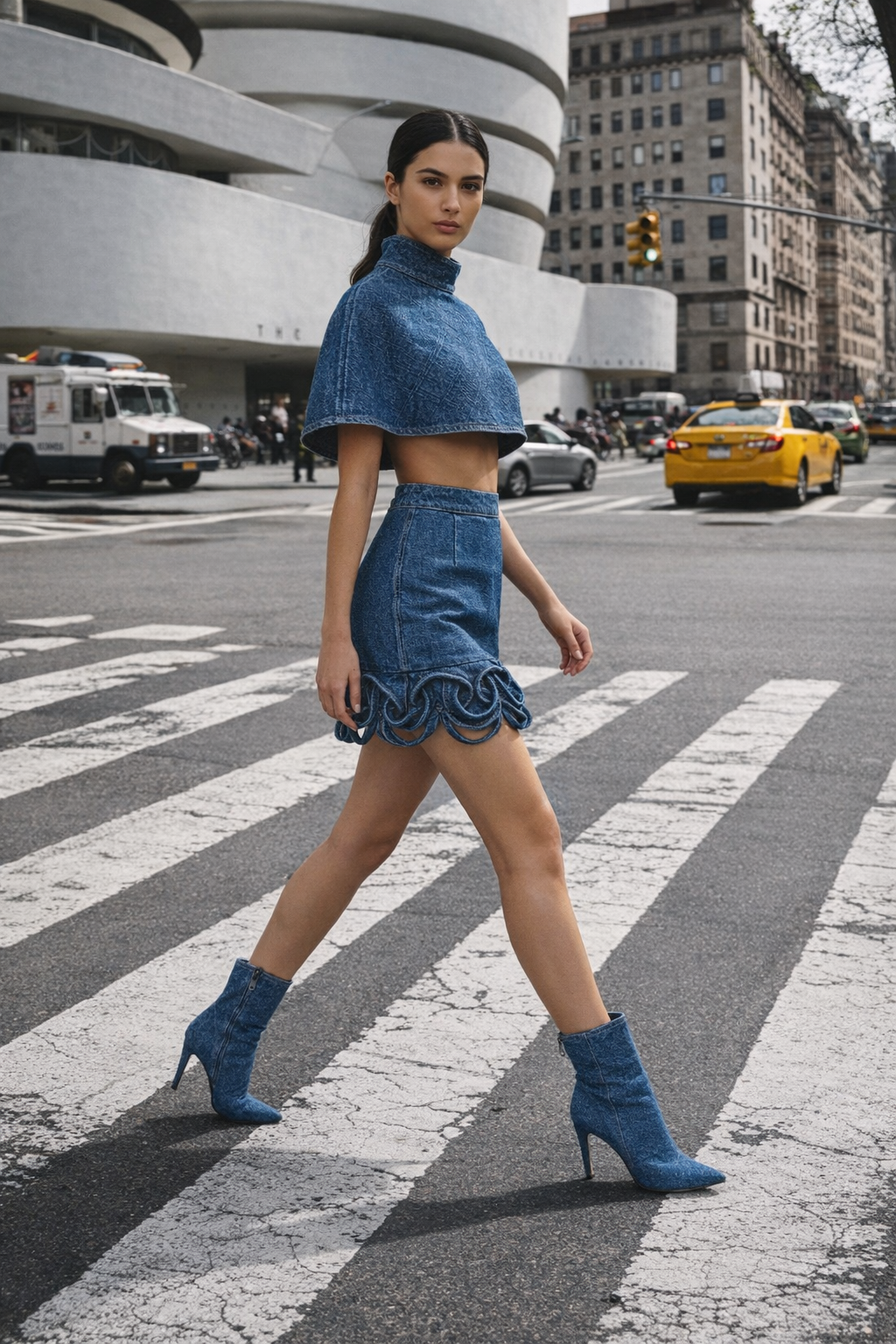 Final editorial campaign image of the denim cape and skirt look on a city crossing.