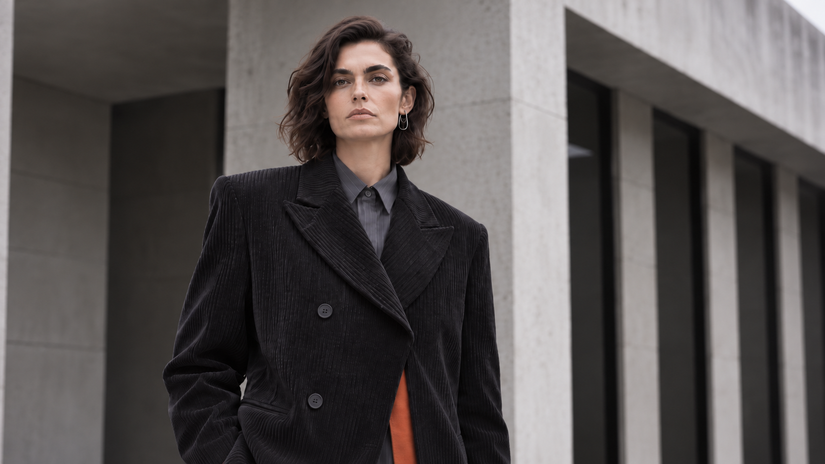 Shot 06, construction and material detail of the corduroy jacket, pinstripe shirt and rust accent.