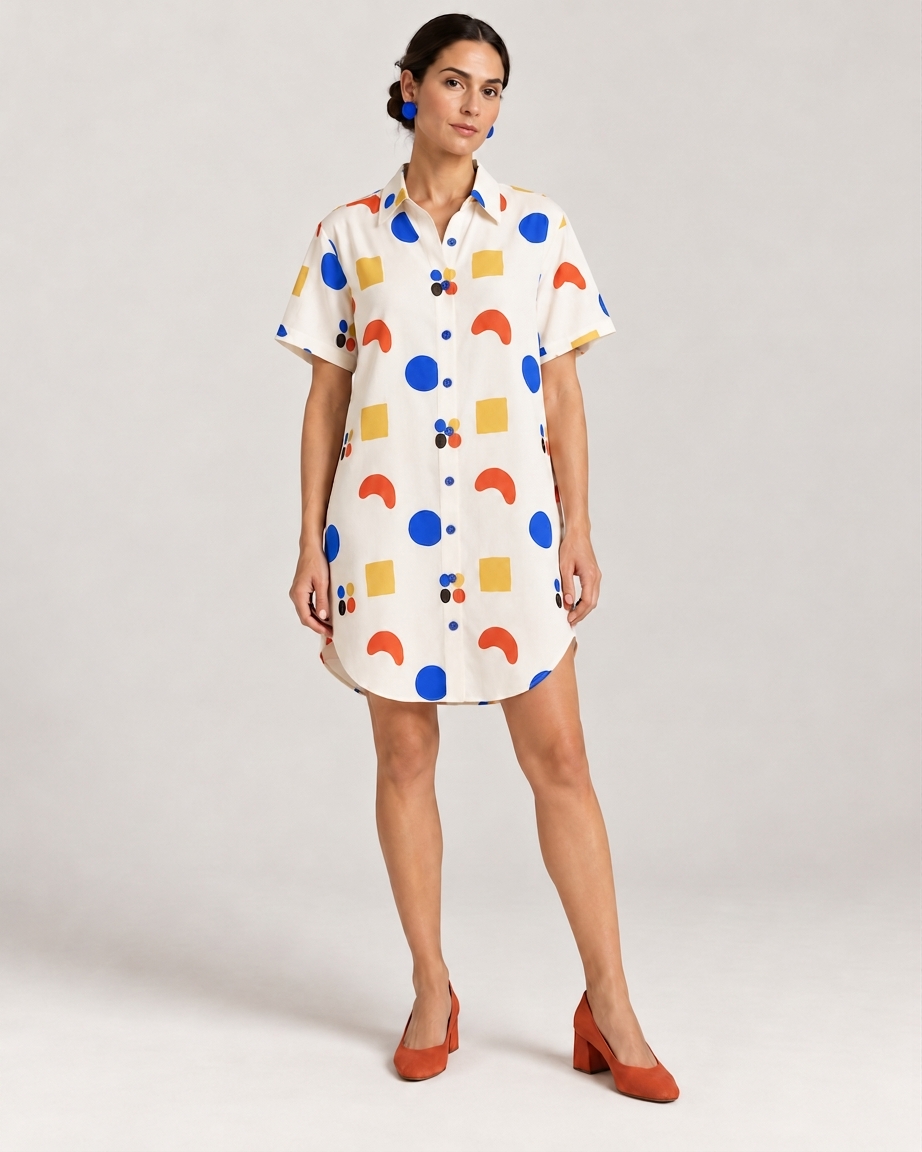 Shirt-dress in the CUT / REPEAT textile, the fashion application of the textile system.