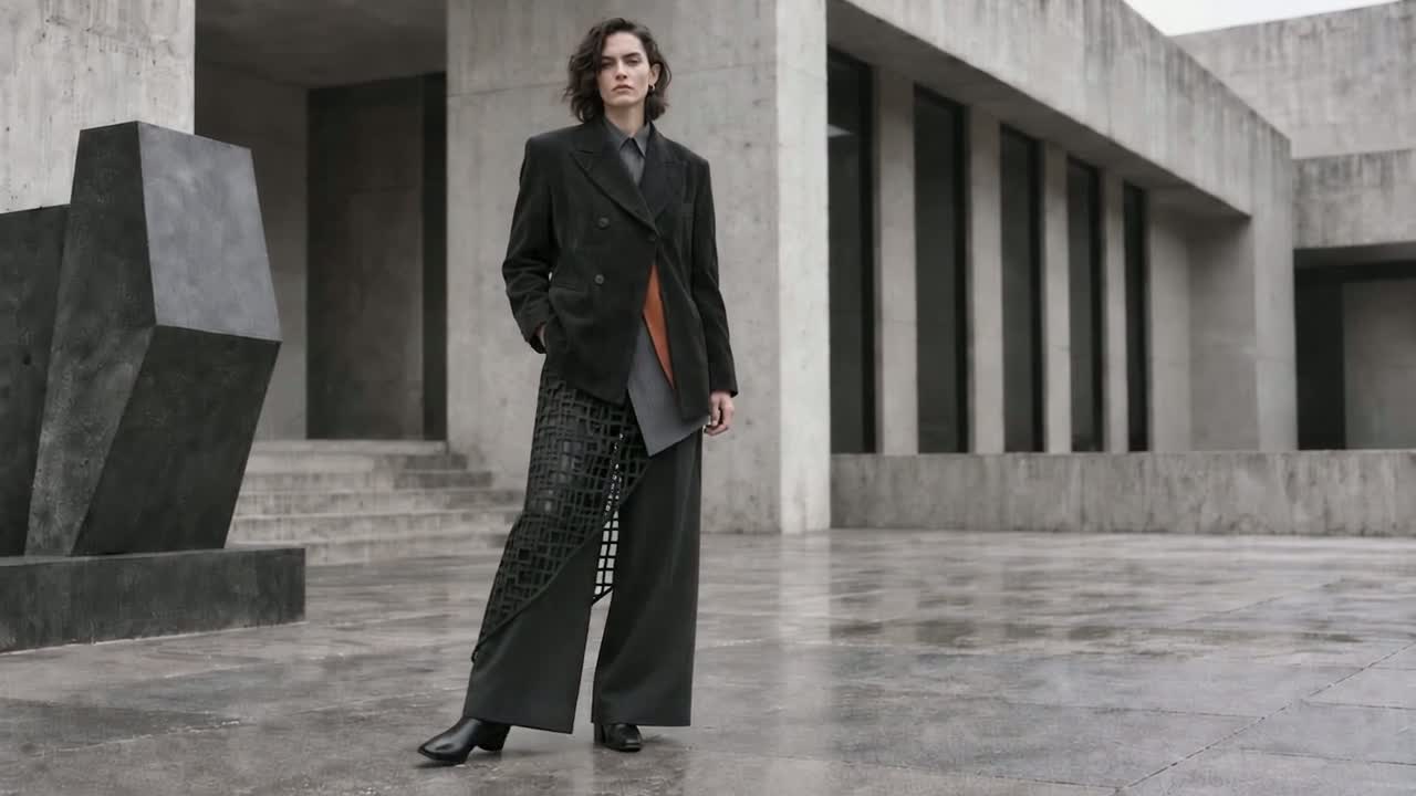FORM/SHIFT campaign video poster frame: the model standing in the brutalist concrete setting wearing the lace-overlay look.