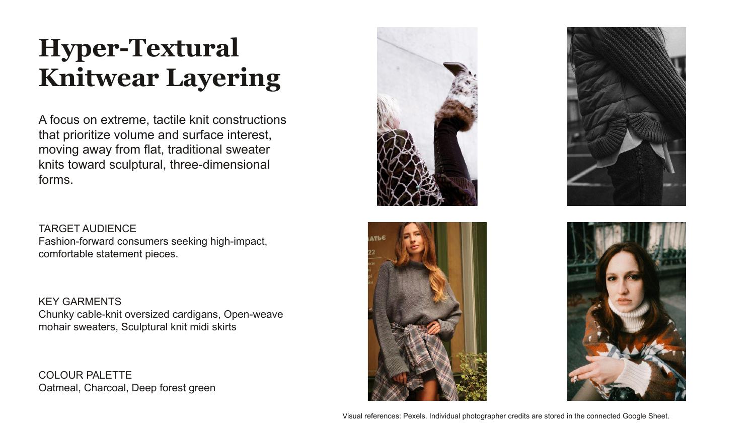 AI Fashion Trend Intelligence moodboard spread for the Hyper-Textural Knitwear Layering trend, with target audience, key garments and colour palette.