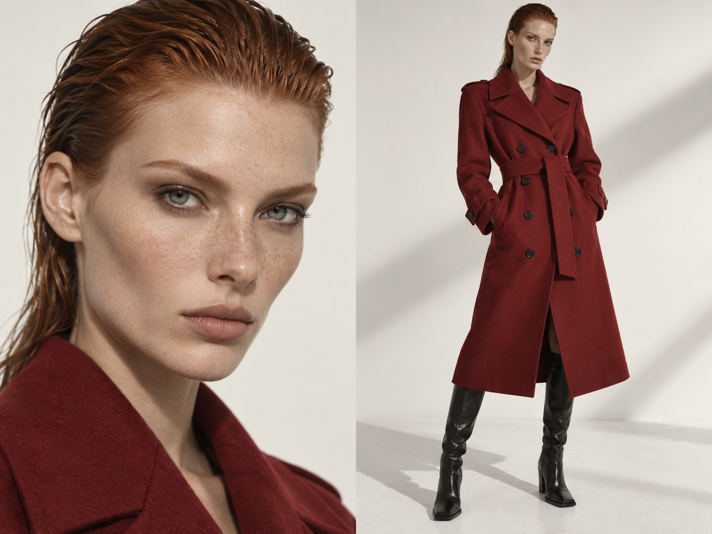 Crimson Architecture campaign diptych pairing a portrait detail with a full-length view of the crimson coat.