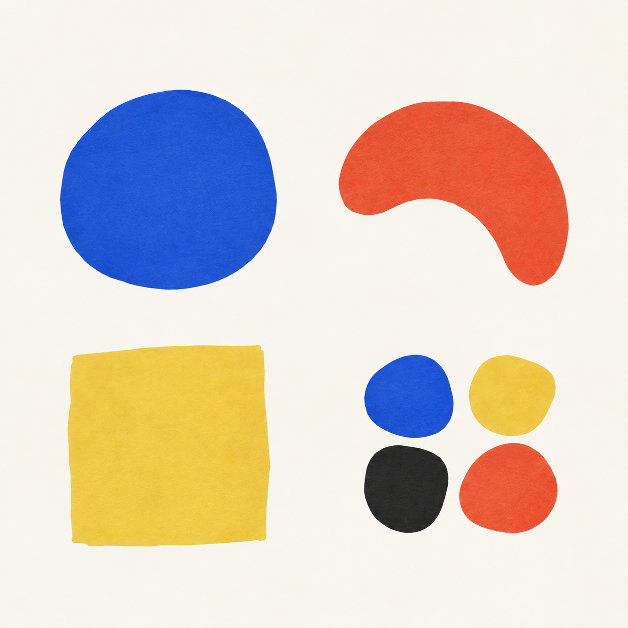 Four selected painted motif forms in blue, red, yellow, and black.