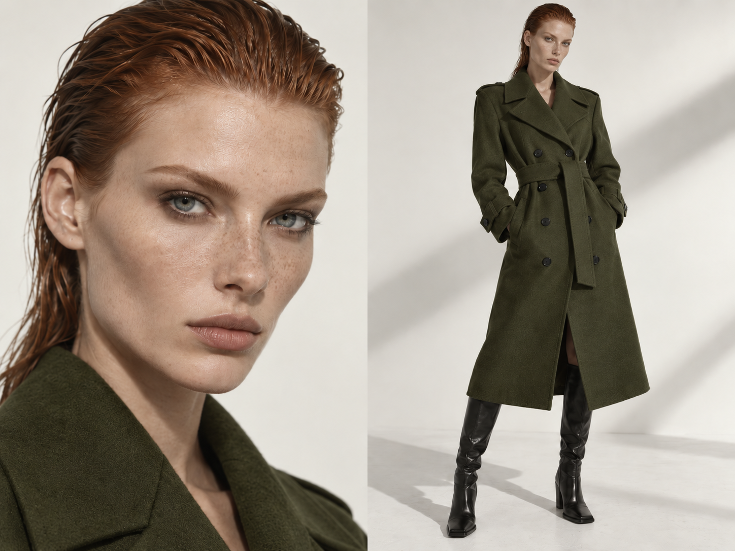 Campaign diptych presenting the tailored coat in a controlled olive colour variation.