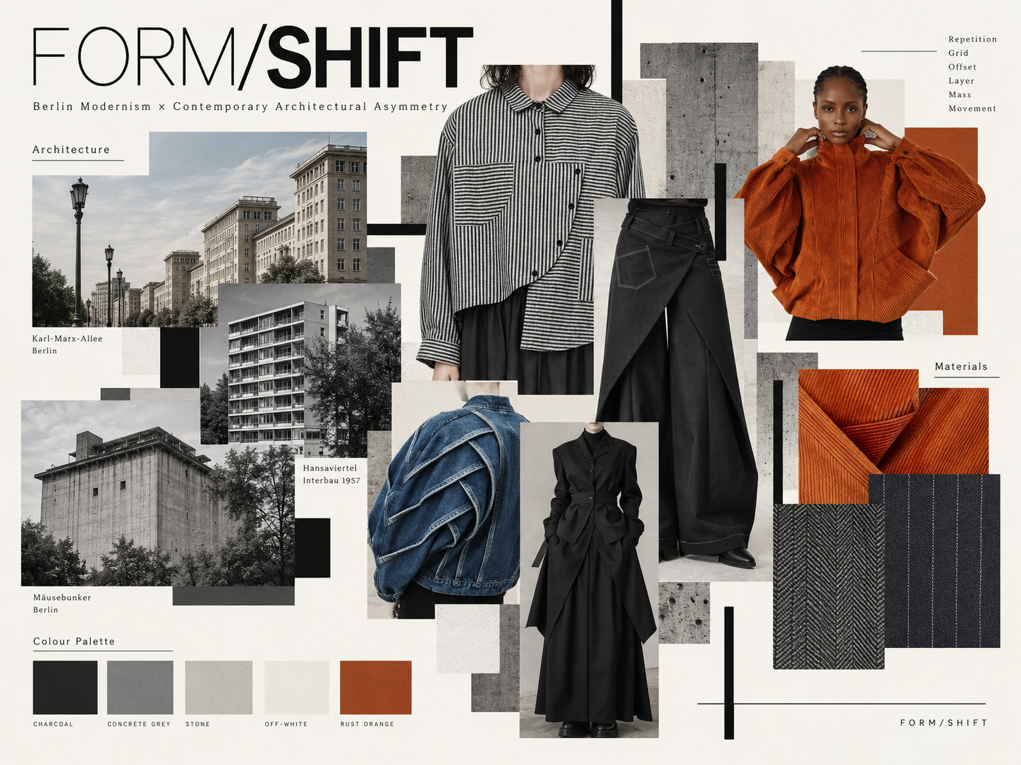 FORM/SHIFT visual research board combining Berlin architecture, asymmetric tailoring references, materials and the charcoal, grey, off-white and rust palette.