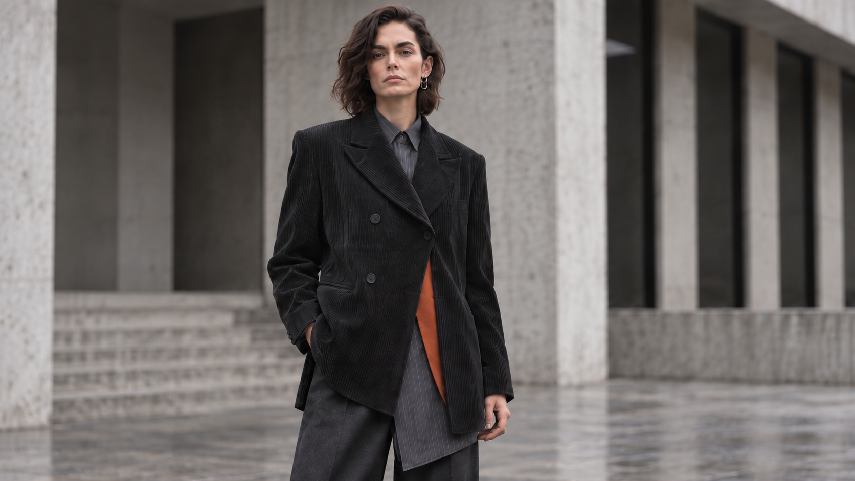 Three-quarter fashion view of the charcoal asymmetric jacket, pinstripe shirt and rust gilet against concrete architecture.