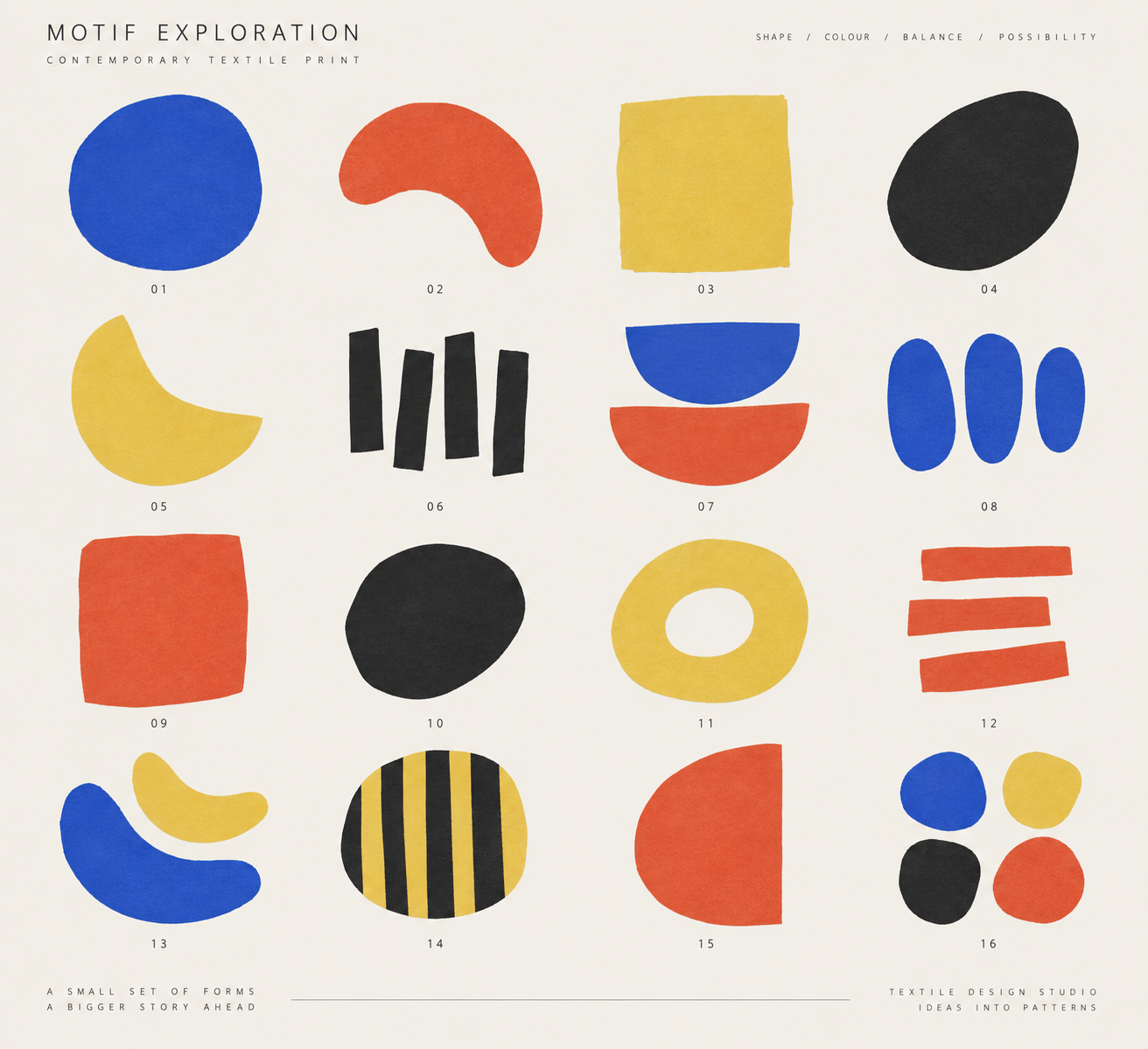 CUT / REPEAT exploratory motif sheet with sixteen painted geometric forms.