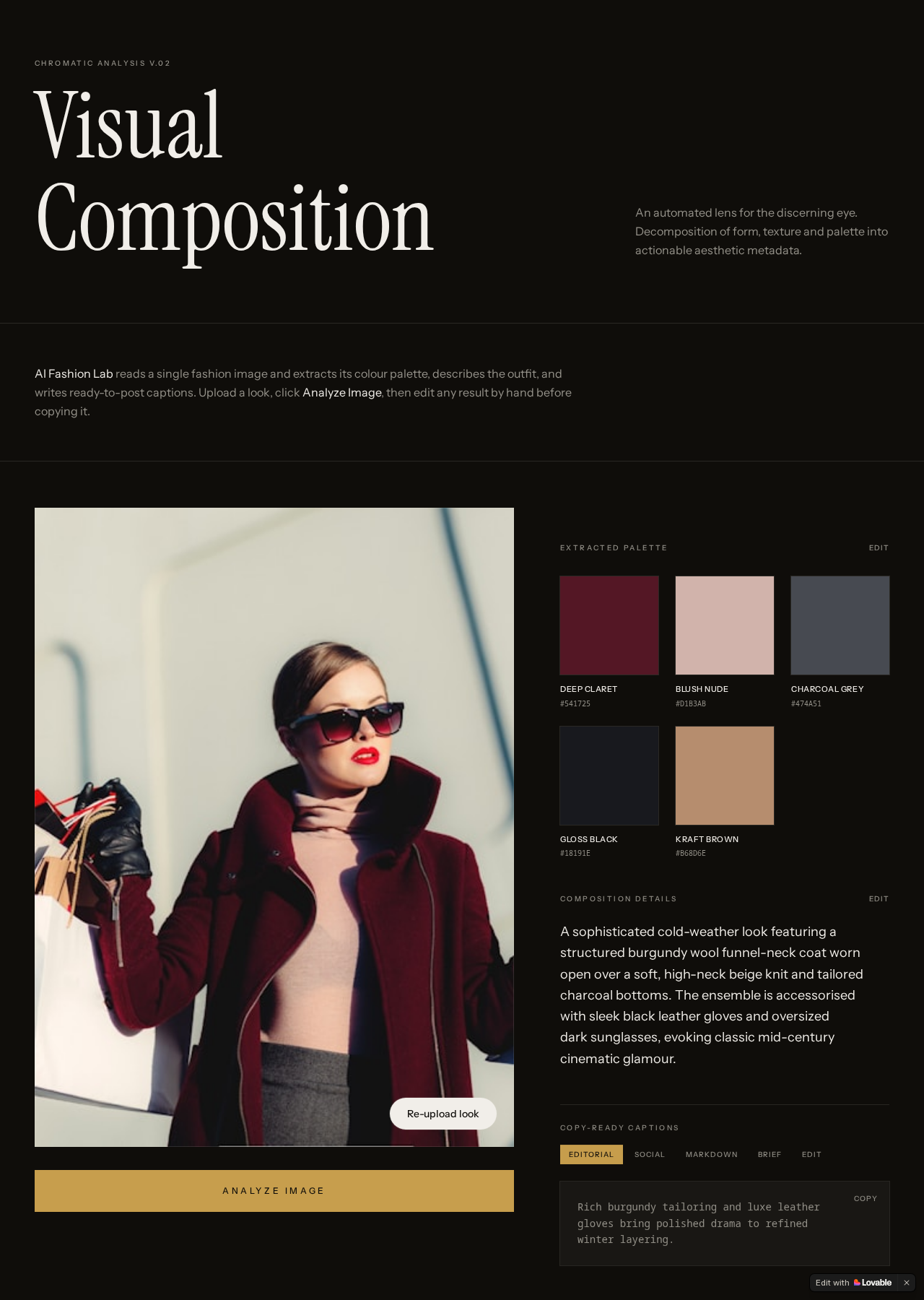 AI Fashion Lab analyzed results — palette, composition and caption.